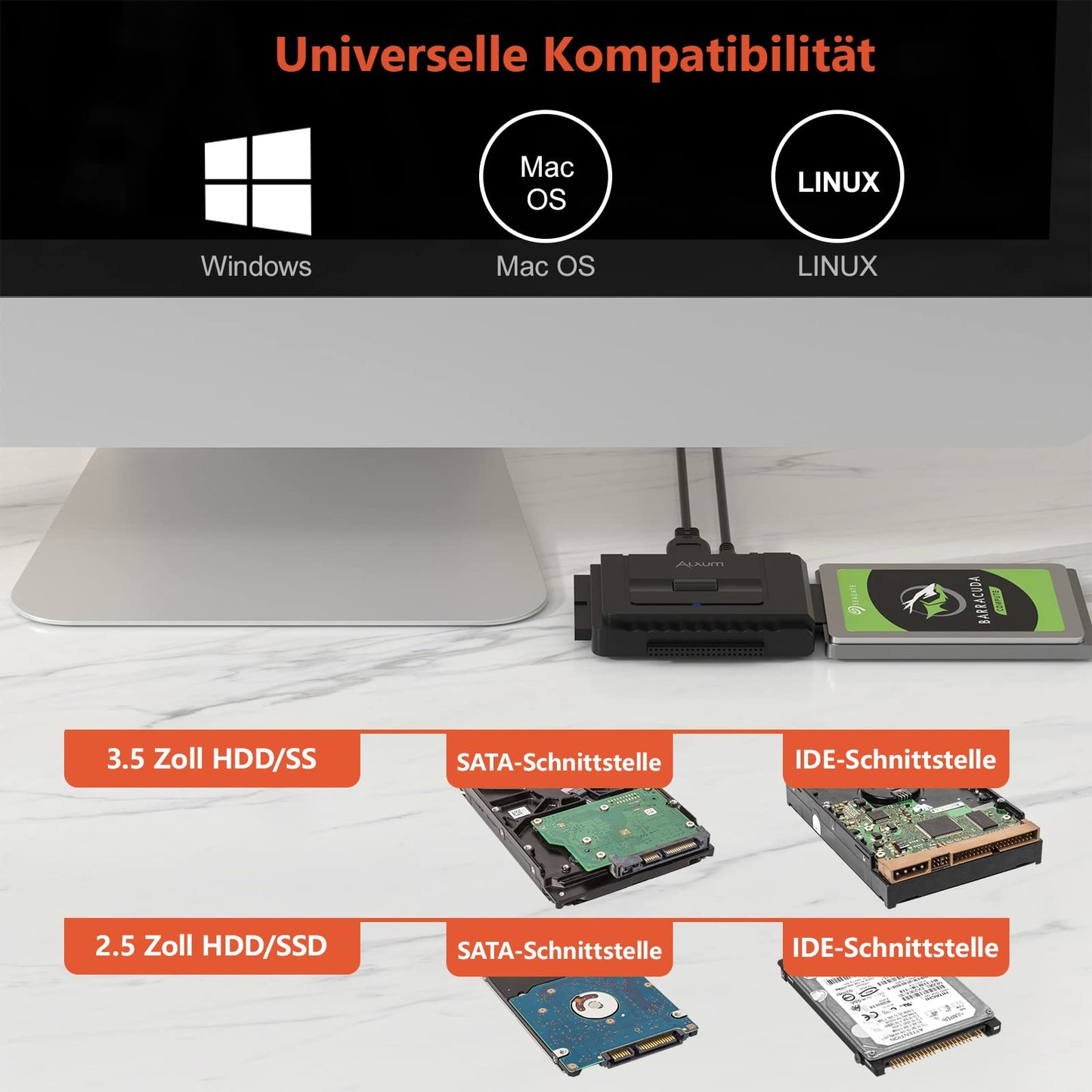 Alxum IDE SATA Adapter - 2.5/3.5'' SATA & IDE HDD Converter with USB 3.0 and Power Switch, 12V/2A Power Supply and USB-C Cable