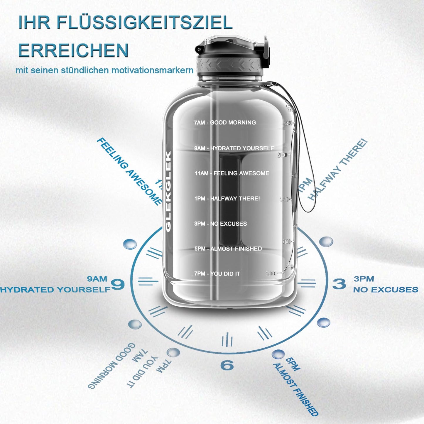 GLEKGLEK 3 Liter sports water bottle with straw BPA free Time markings Large water bottle for gym workout training (Gray)