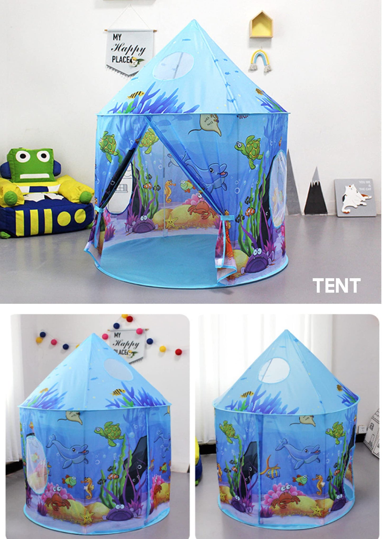 Benebomo 3 in 1 play tent with tunnel, kids tent with tunnel, Blue Ocean children's tent, crawl tunnel with tent, large garden playhouse tent, for girls indoors and outdoors.
