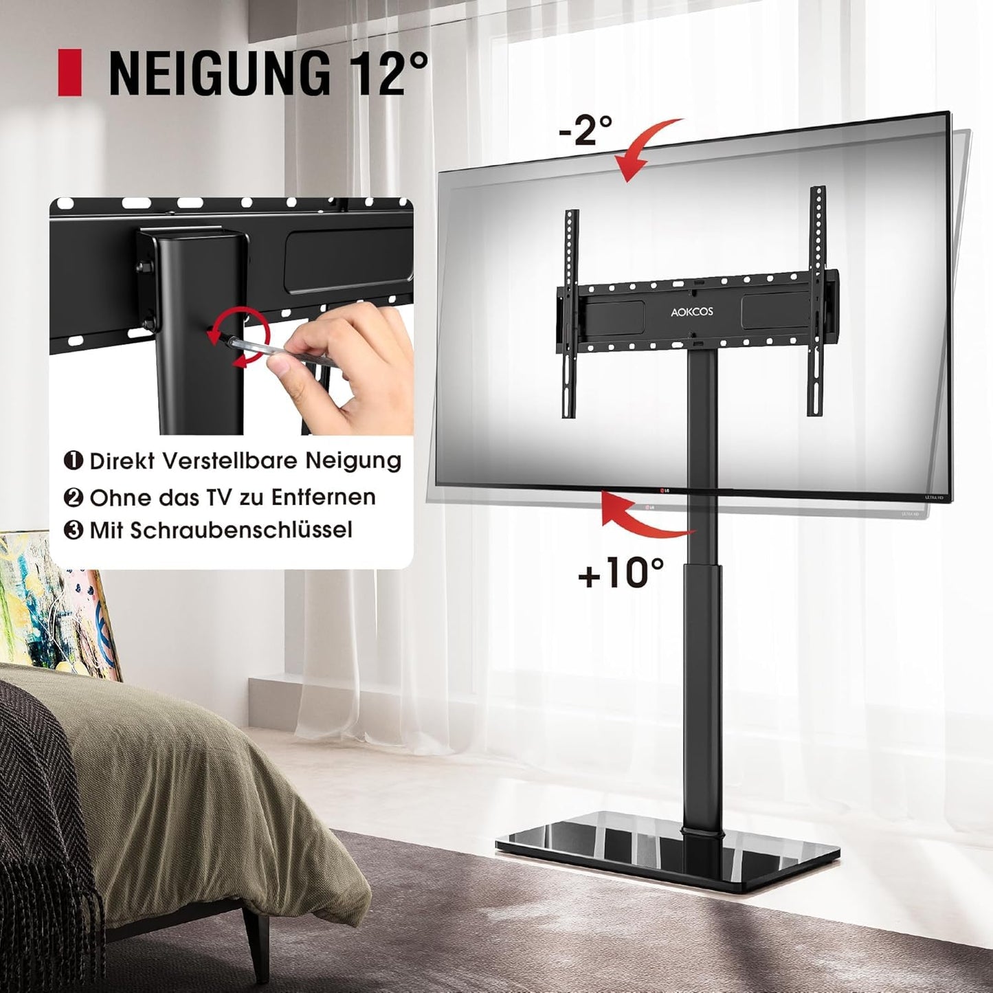 AOKCOS TV stand floor stand Height 1.6m for 43-75 85 inch TVs, Tilt Swivel Height Adjustable TV stand, Universal TV stand feet base Max VESA 600x400mm 50KG (Black)