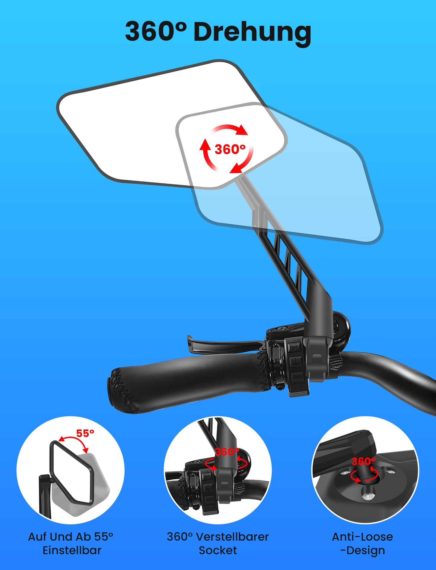 COICER bike mirror (right+left) with extra large mirror surface - 360° adjustable bike mirror for E-bike & E-scooter handlebars - rearview mirror compatible with all models (set right+left)