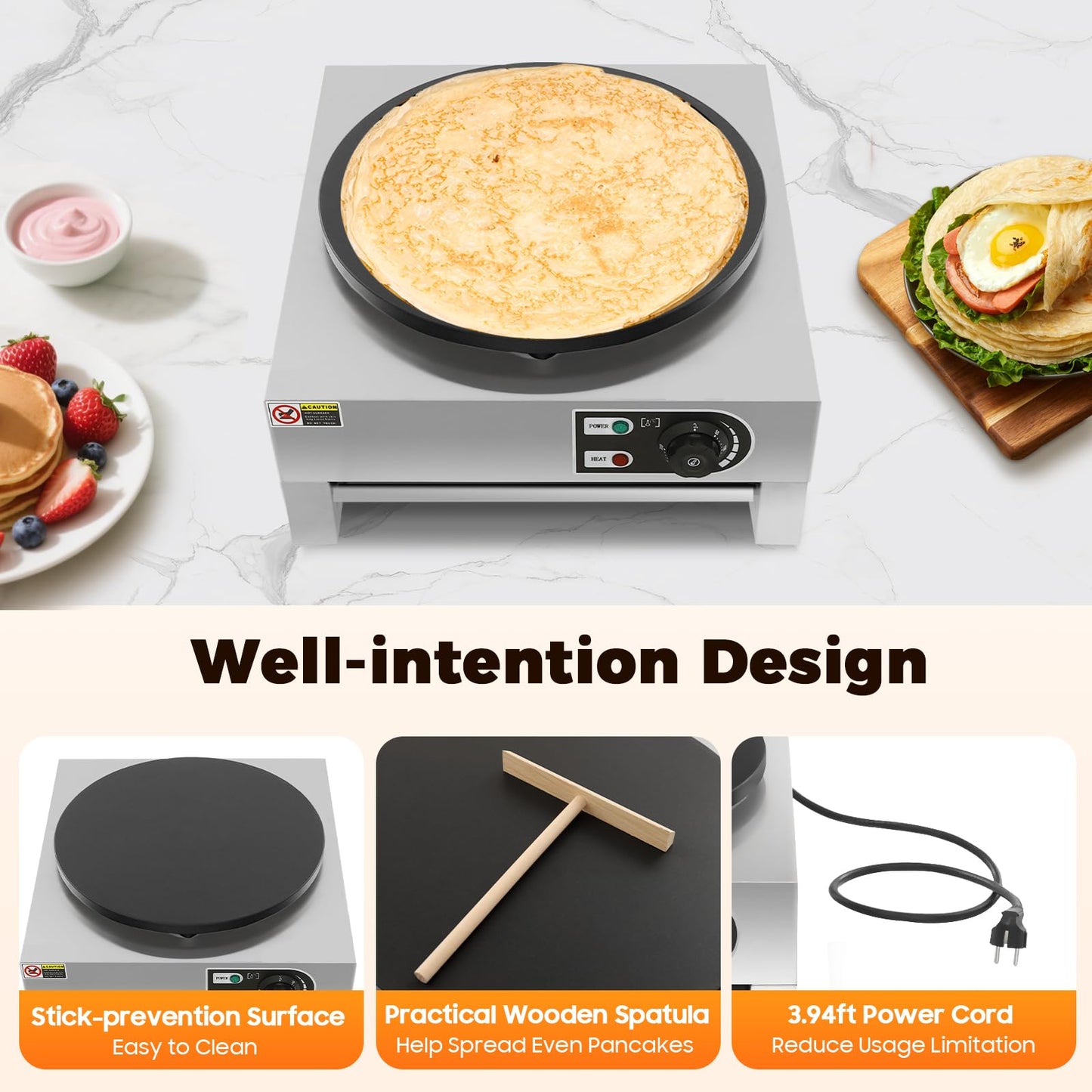 Electric Crepe Maker, 40cm with pull-out tray Crepe maker Built-in thermostat 50-300°C infinitely adjustable 3KW Crepe pancake machine.