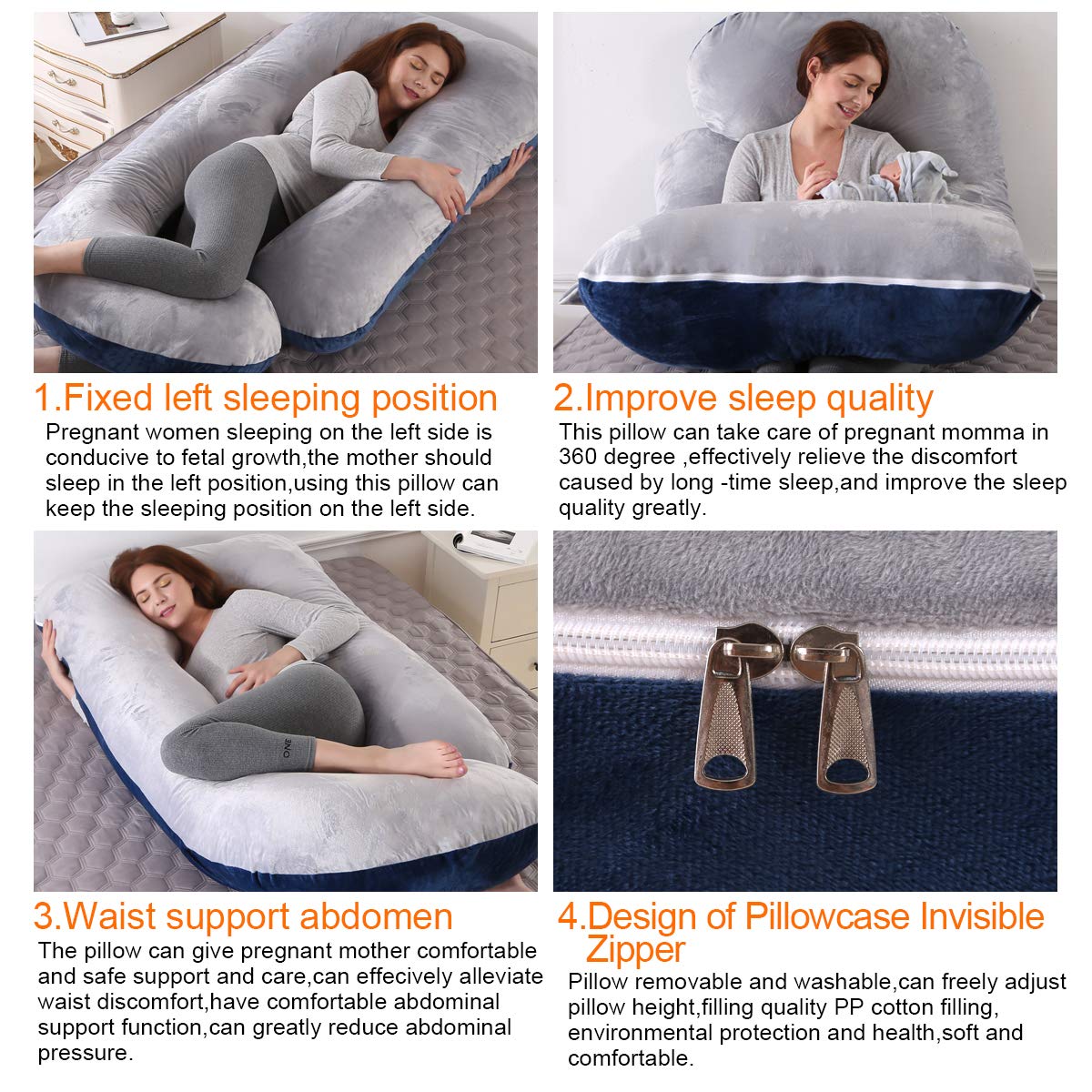 ShowyLive Pregnancy Pillow 145x70cm J-shaped Full Body Pillow Maternity Body Pillow for Sleeping with Removable and Washable Cover Sleep and Feed (gray+blue, Velvet)