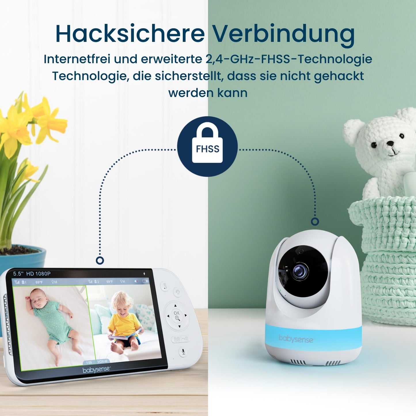Babysense baby monitor with camera and 5.5-inch 1080p full HD split screen display, 2 cameras, RGB night light, 5000mAh large battery, 2-way audio, 4X zoom, no WiFi, Model: MaxView-2CAM