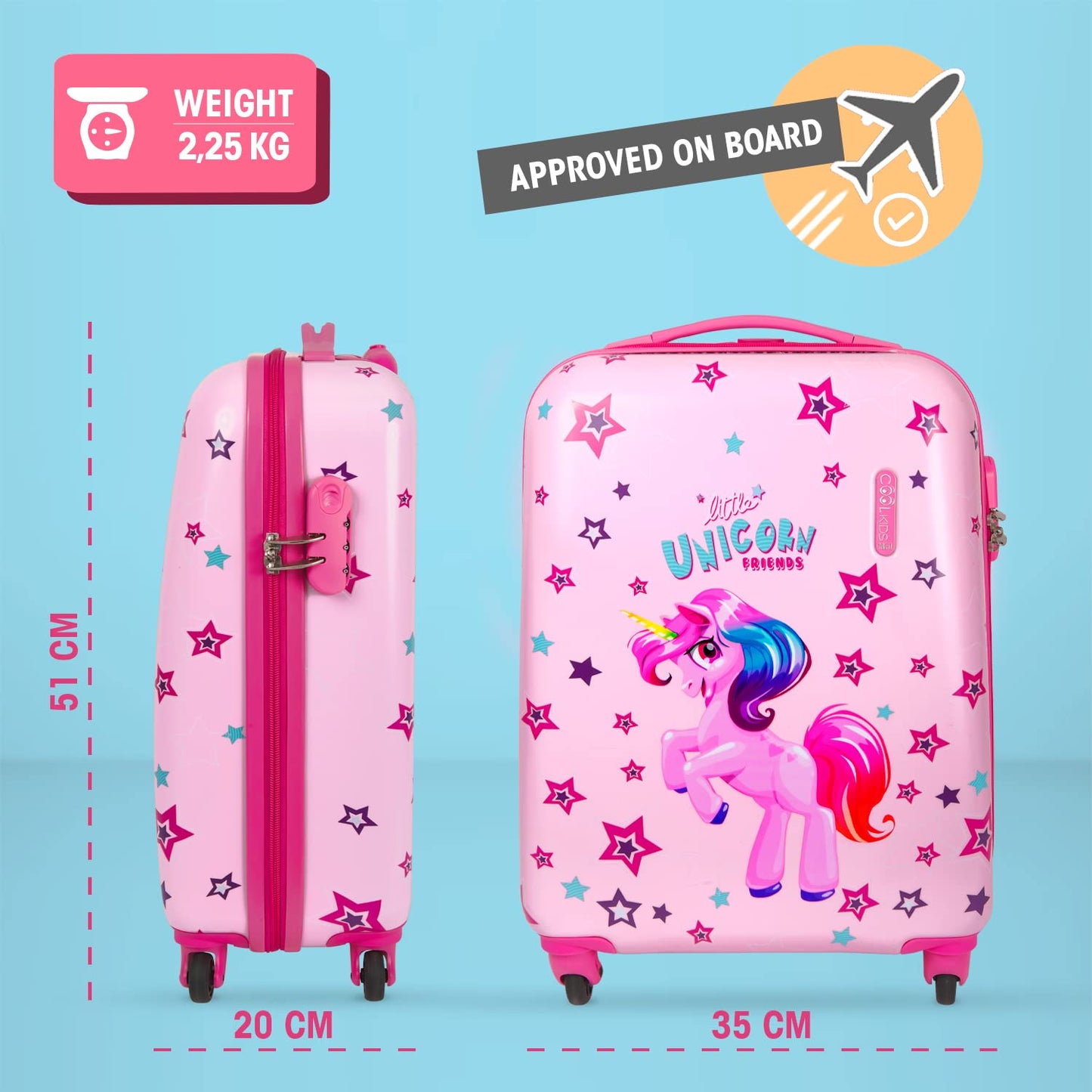 PERLETTI Unicorn Kids Suitcase Pink - Kids Trolley Carry-On Lightweight 4 Wheels and Combination Lock - Hard Shell Cabin Trolley for Girls - Travel Luggage Lufthansa Ryanair 51x35x20 cm (Unicorn Pink, XS)
