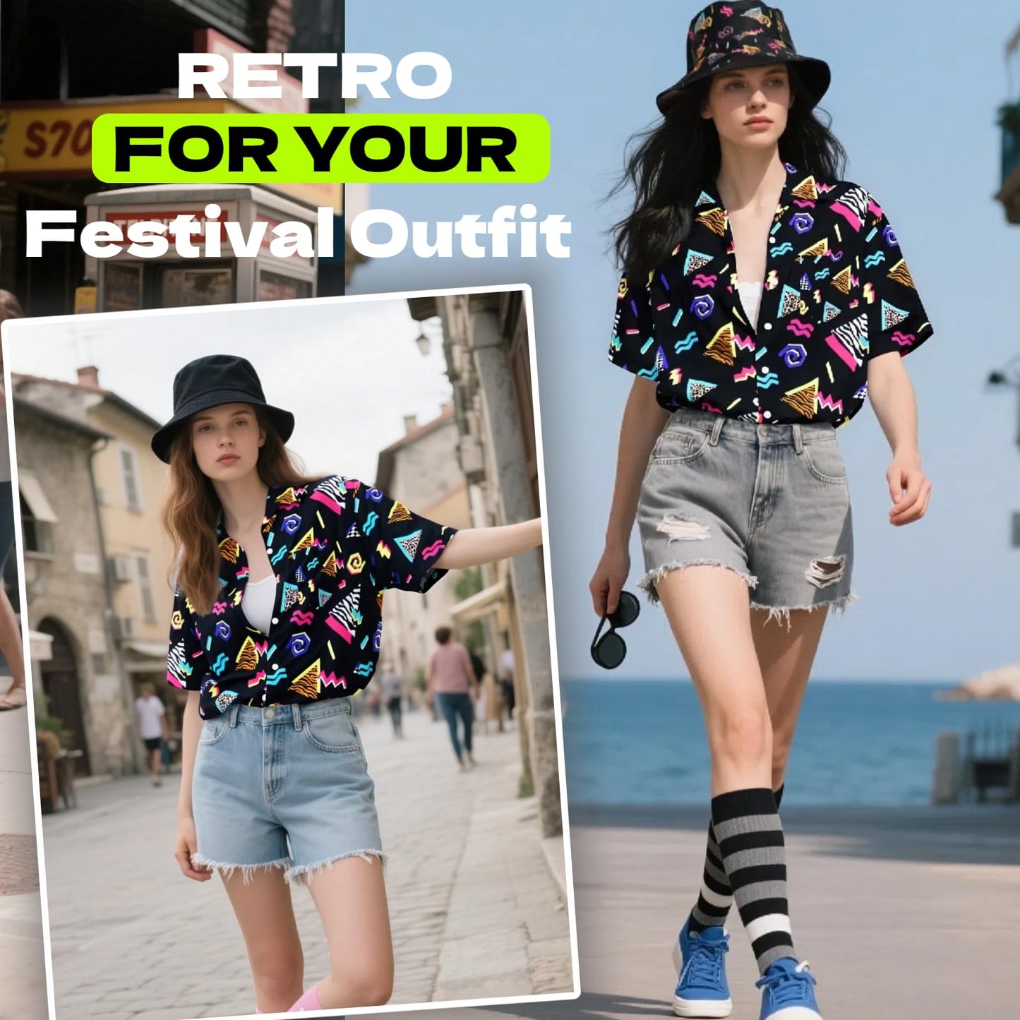 Hippie tops women Hawaii outfit blouse costume set Flower Power 80s shirt women 90s vintage shirt 70s clothing casual retro tops carnival costume (80s-Black, XL)