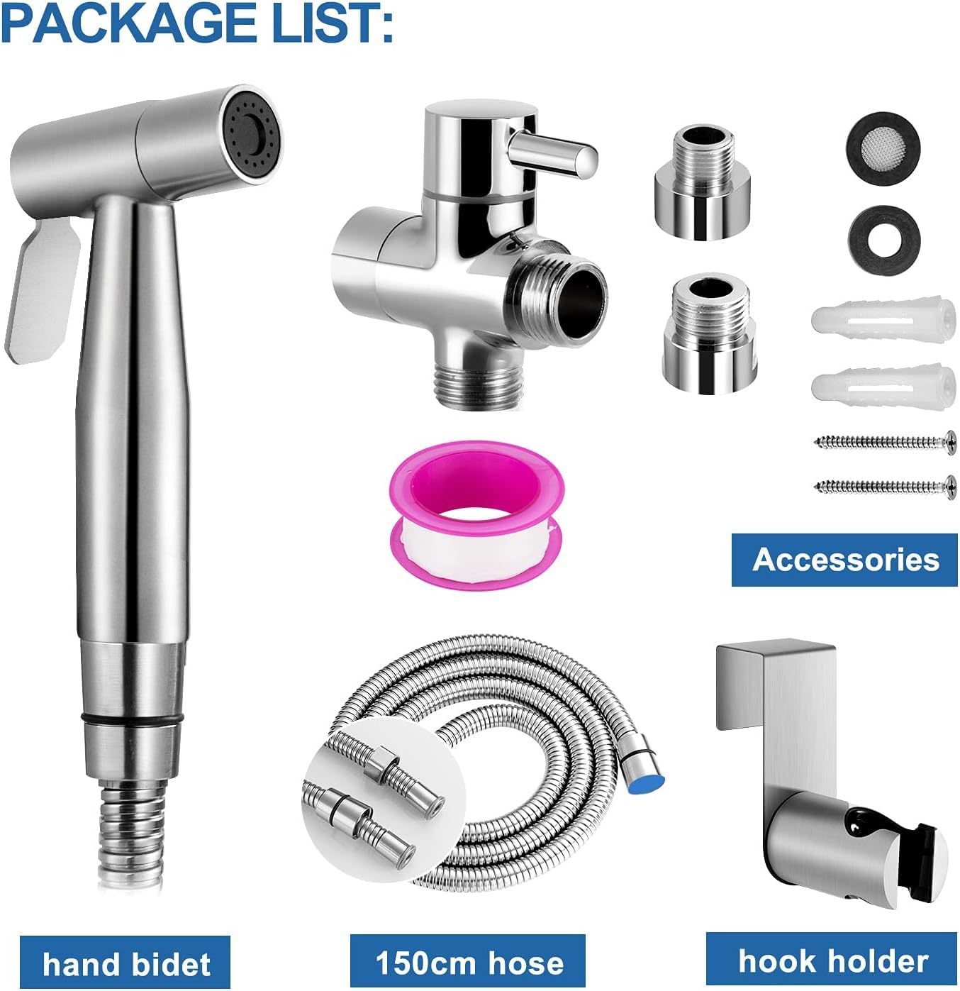 Bidet Handheld Sprayer Set, Premium Stainless Steel Brushed Bidet Handheld Sprayer, Bidet Sprayer for Shower Bathroom Hygiene Toilet Paper Diaper Cleaning, with G1/2" Valve and a G3/8" Adapter.