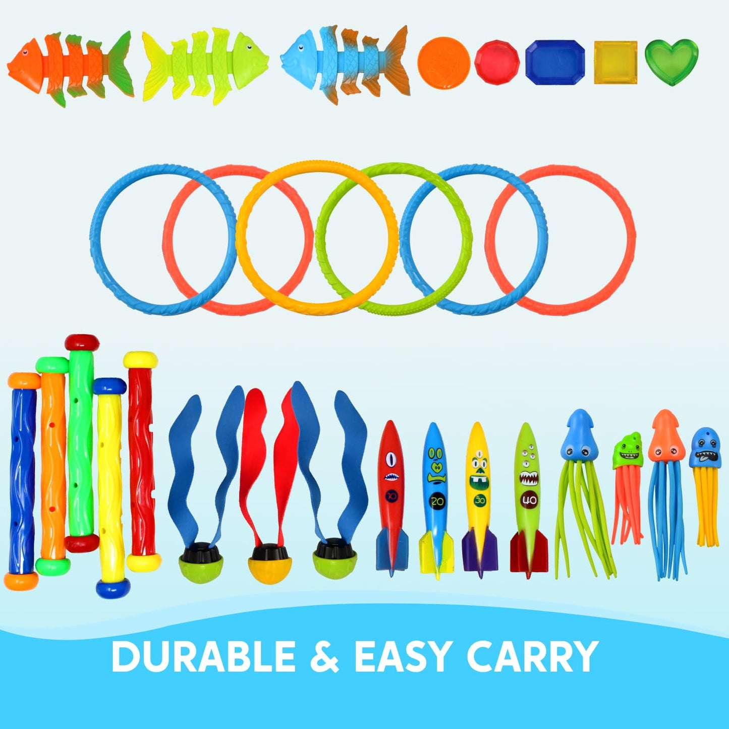 JOYIN 30 Pieces Diving Toys Underwater, Kids Dive Toy Set: 5 Dive Sticks, 6 Dive Rings, 5 Pirate Treasures, 4 Toypedo Bandits, 3 Algae Toys, 3 Fish Toys, 4 Octopus