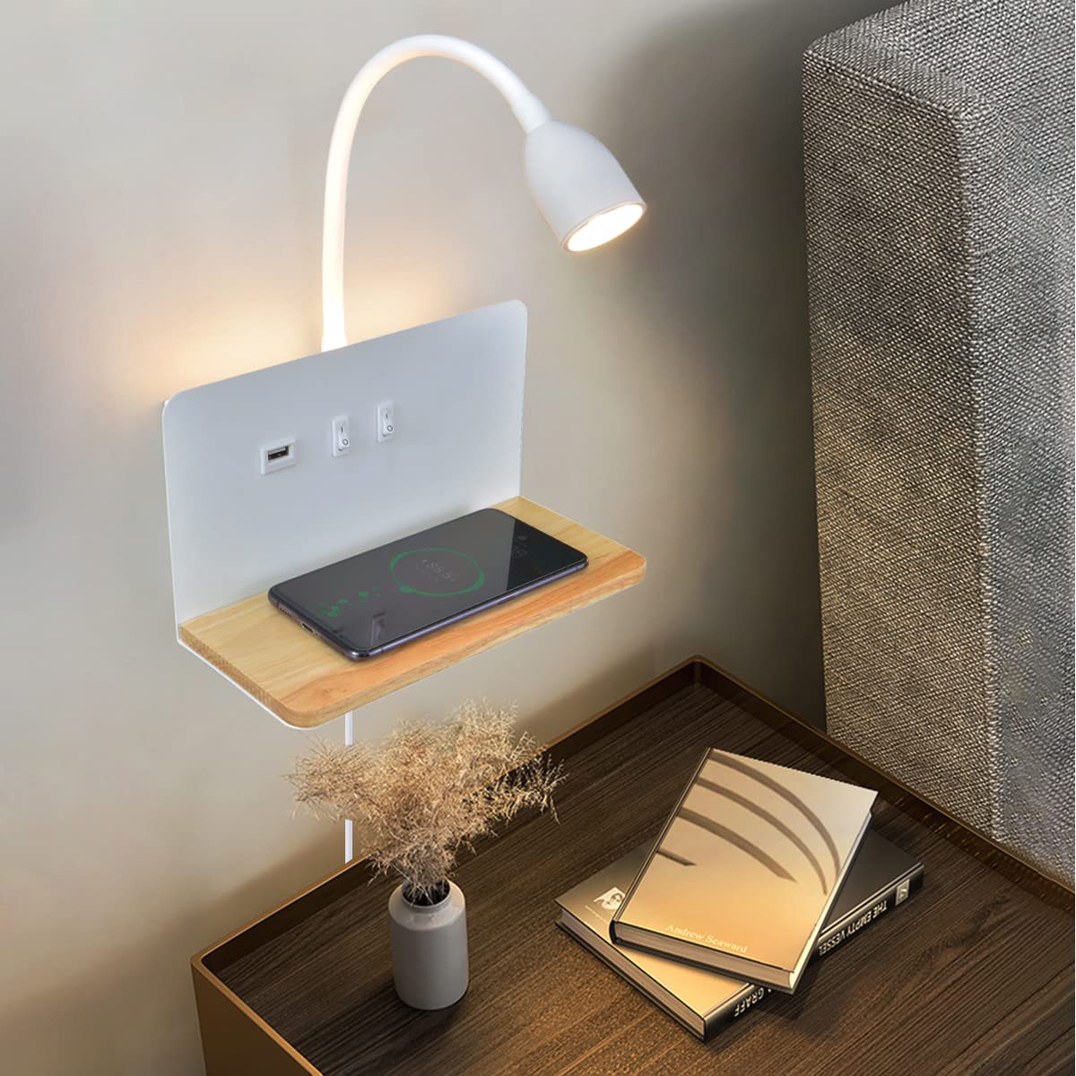 White LED indoor wall light with plug, bedroom wall lamp with USB ports and 10W wireless charger, adjustable and flexible swan-neck reading lamp, 3000K bedside lamp with backlight.