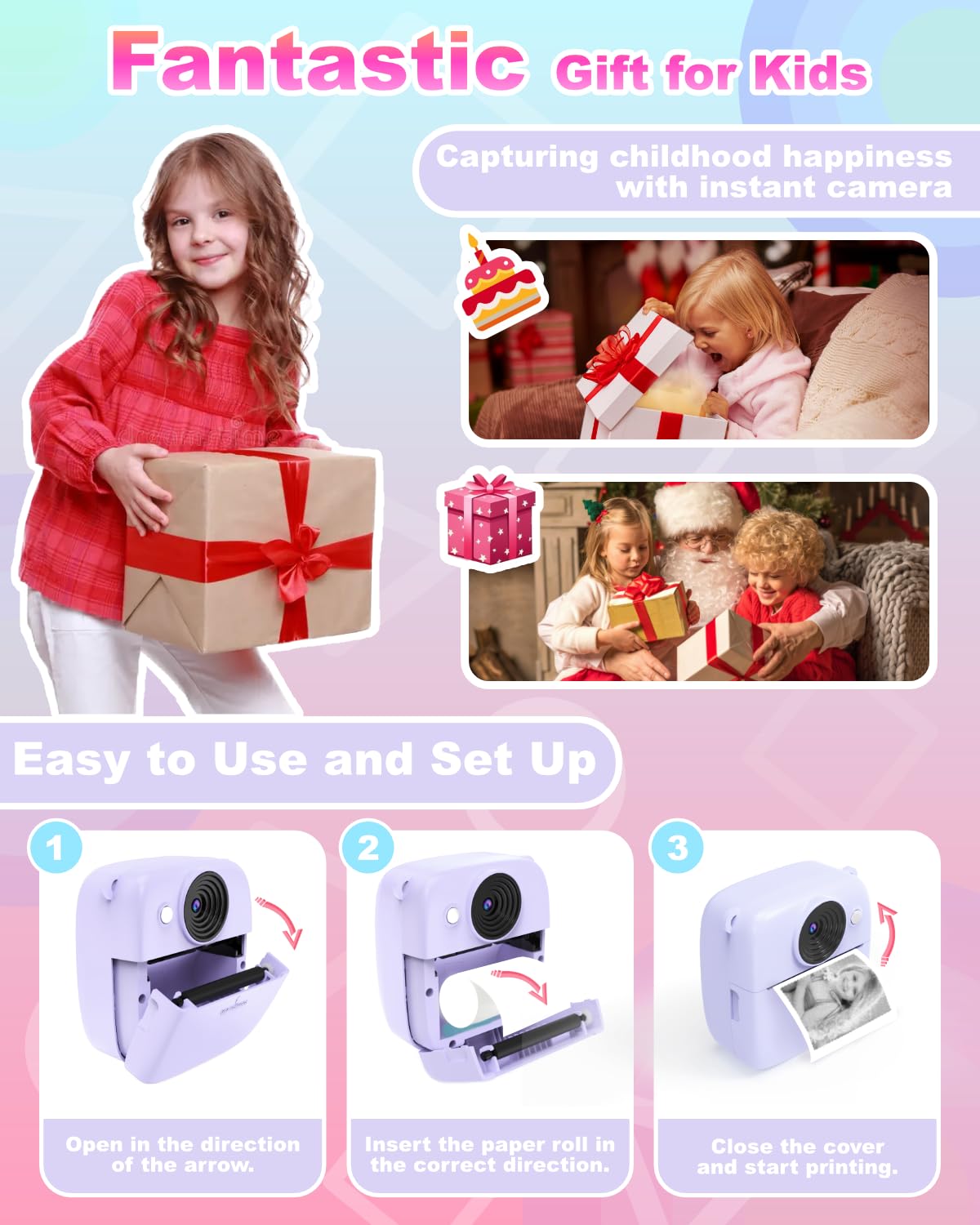 NUOTUN Instant Camera for Kids, Kids Camera with Printing Photos, 2.0 Inch HD Screen, 8X Zoom, 1080P Digital Camera with Printing Paper & Card, Kids Camera Gift for Girls & Boys 3-12 Years Old (Purple)