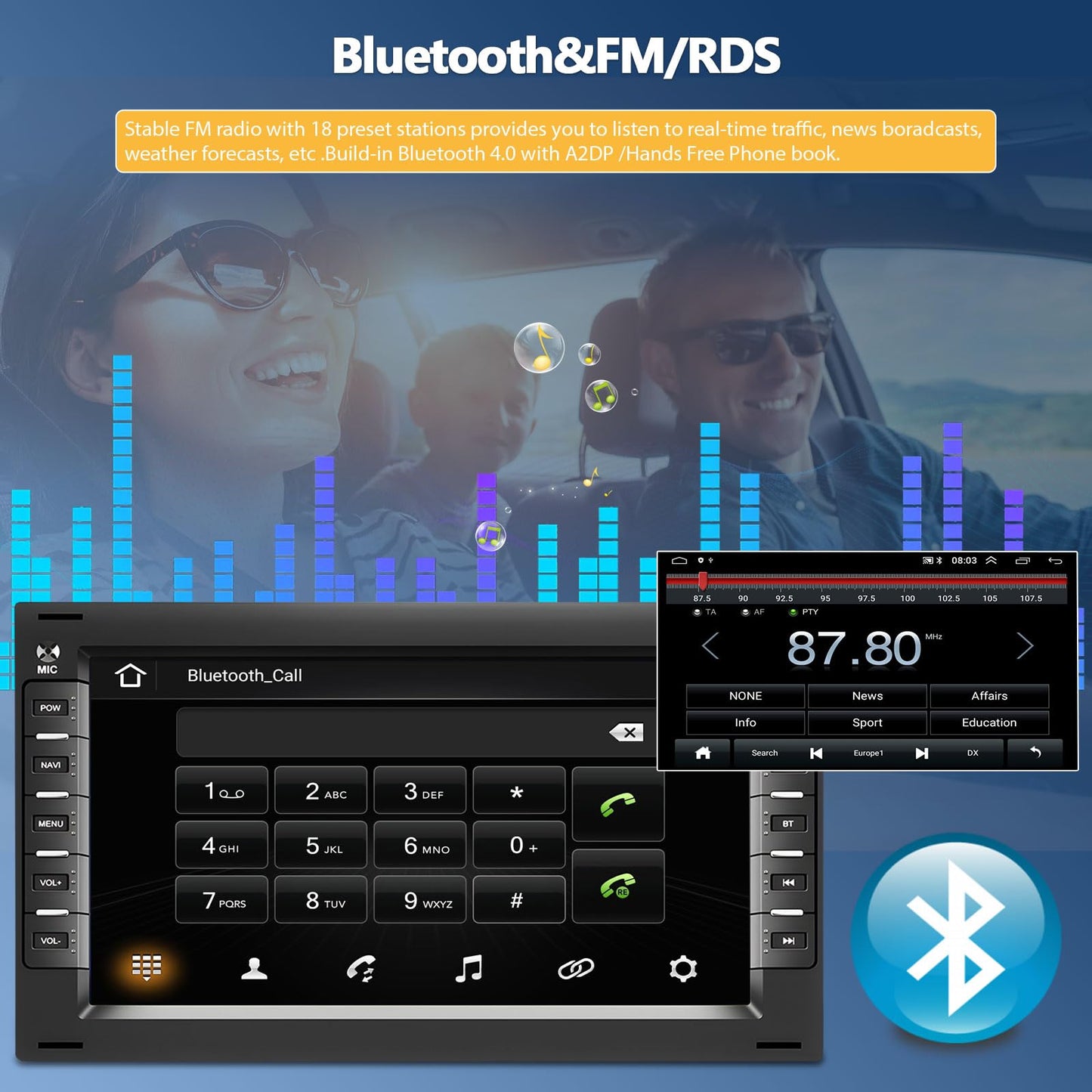Android 13 double DIN car stereo for VW T5, Golf 4, Bora, Polo MK5, Sharan, Jetta, Peugeot 307 with Mirror Link, 7-inch touchscreen radio with Bluetooth, WiFi, GPS, FM/RDS EQ, SWC, AHD rearview camera, and mic.