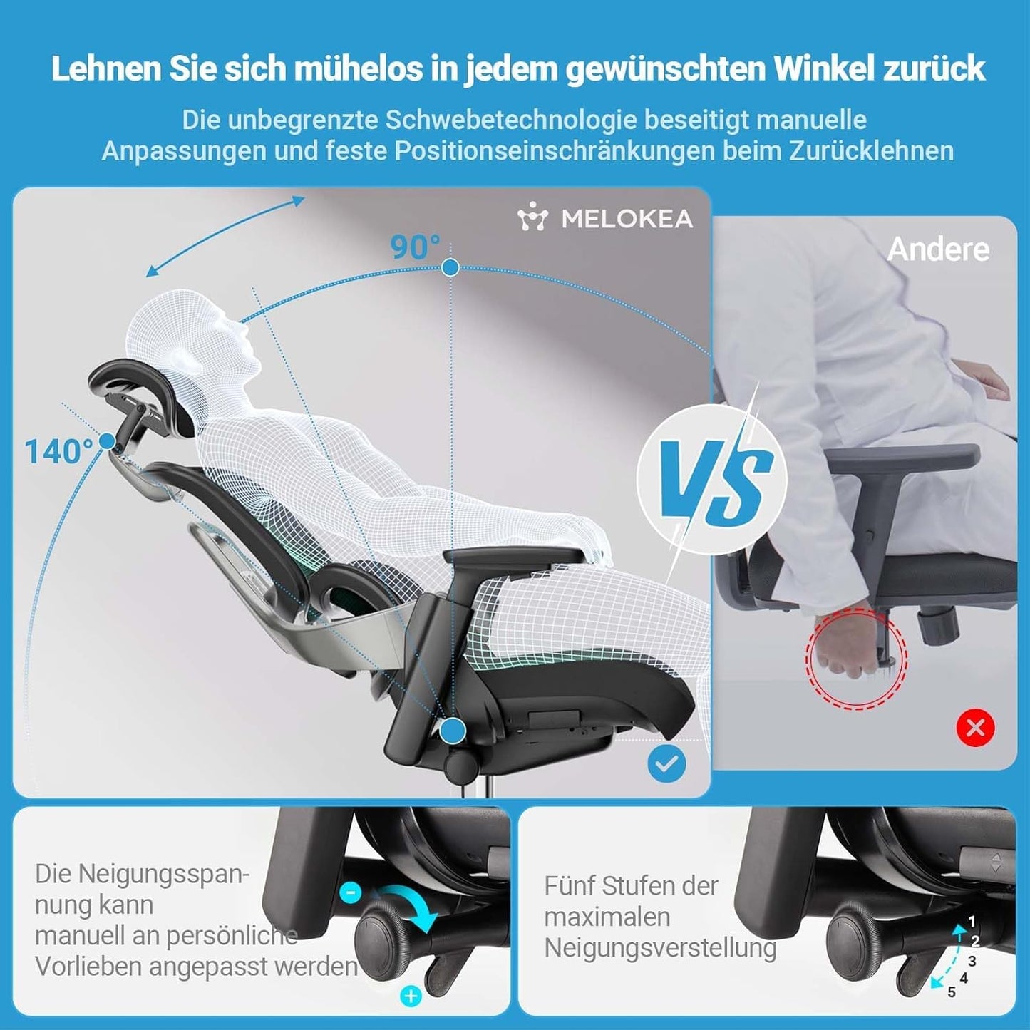 MELOKEA Office Chair 200KG for back pain, with dynamic lumbar support, 4D armrests, adjustable backrest height, adjustable seat depth, EN 1335 Ergonomic Office Chair in Black.