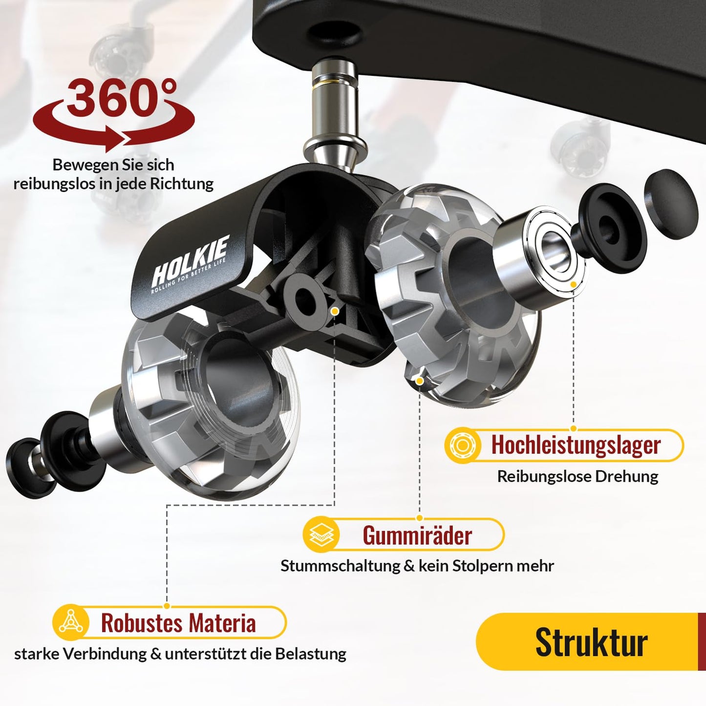 HOLKIE office chair casters 10mm suitable for 1KEA 5-piece set GreyRubber casters for office chairs Desk chairs with double wheels Chair casters for parquet Suitable for hard floors Quiet & smooth gliding