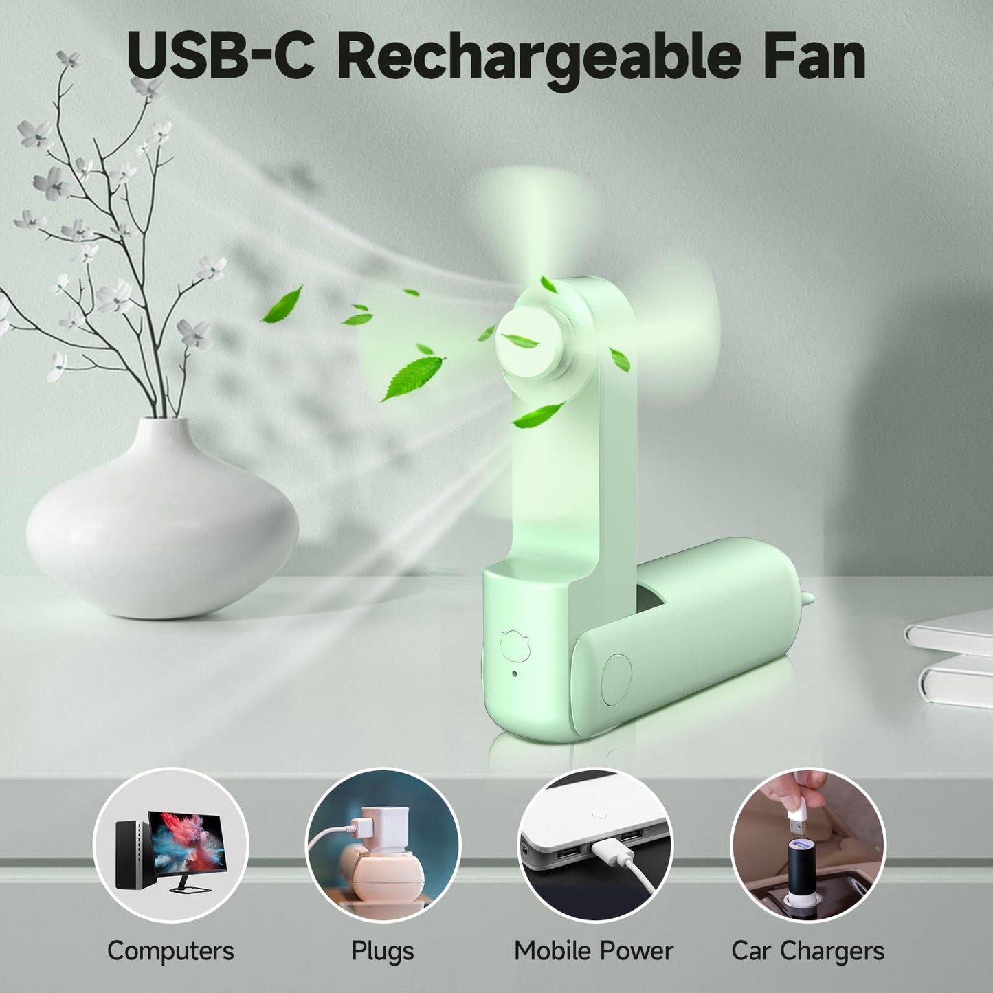 HZSK Handheld Mini Fan, Portable foldable fan with power bank, USB rechargeable small pocket fan, Personal fan with 3 speeds for women outdoor travel.