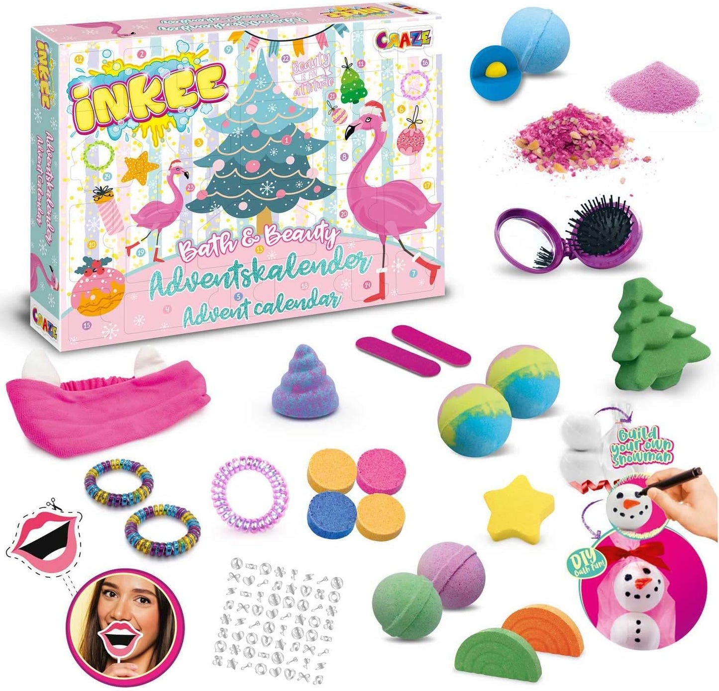 INKEE Bath & Beauty Advent Calendar for Kids - Bath Fun Toy Advent Calendar for Girls, Christmas Calendar with bath bombs, bath ball, bath salts & hair accessories.