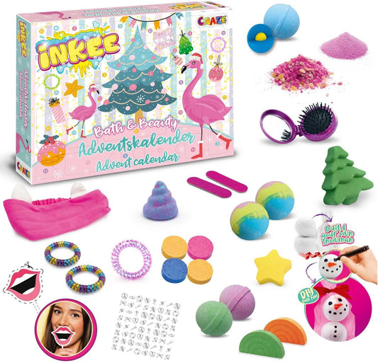 INKEE Bath & Beauty Advent Calendar for Kids - Bath Fun Toy Advent Calendar for Girls, Christmas Calendar with bath bombs, bath ball, bath salts & hair accessories.