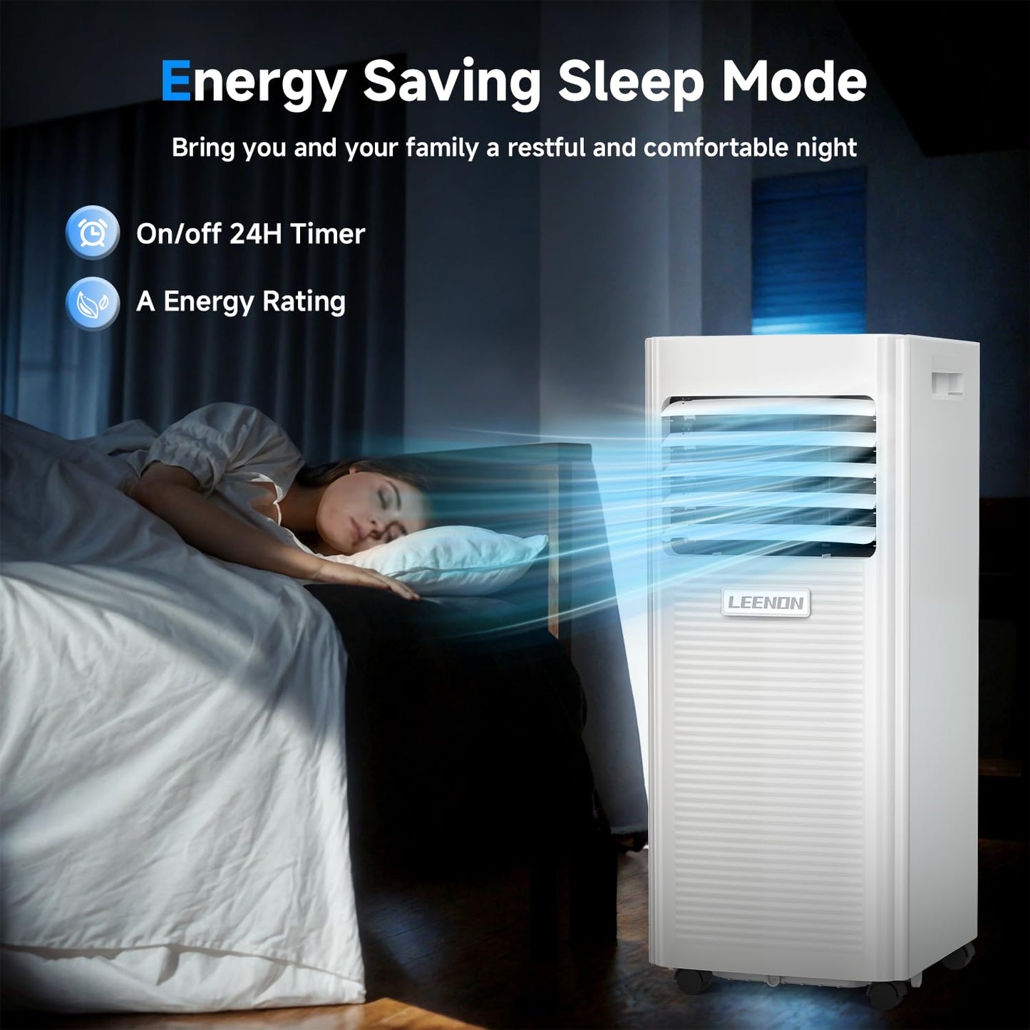 Air conditioner Mobile 9000 BTU, LEENON Mobile air conditioner 4 in 1 Cooling Dehumidifying Fan & Sleep Mode, 2.6KW Portable air conditioner with exhaust hose, Remote control/24h timer for home office up to 35 m².