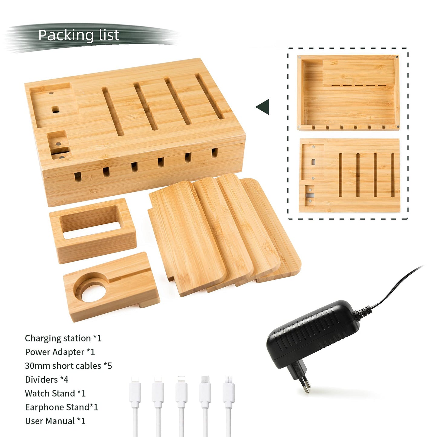 YOJA Bamboo Multi-Device Charging Station, YOJA 5-Port USB Multi-Charging Station, Wood for Phone, Tablet, Watch, Headphones, Earphones, USB Charger with 5 Short Cables, Bamboo Design.