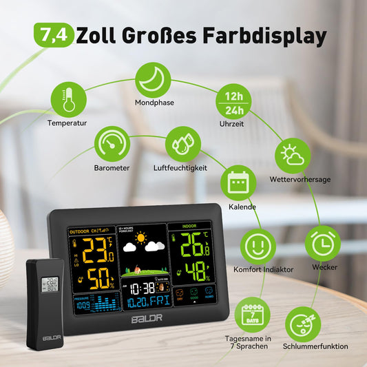 Wireless weather station with outdoor sensor DCF radio clock, Large color display with indoor and outdoor temperature/humidity, dimmable lighting, weather forecast, air pressure display