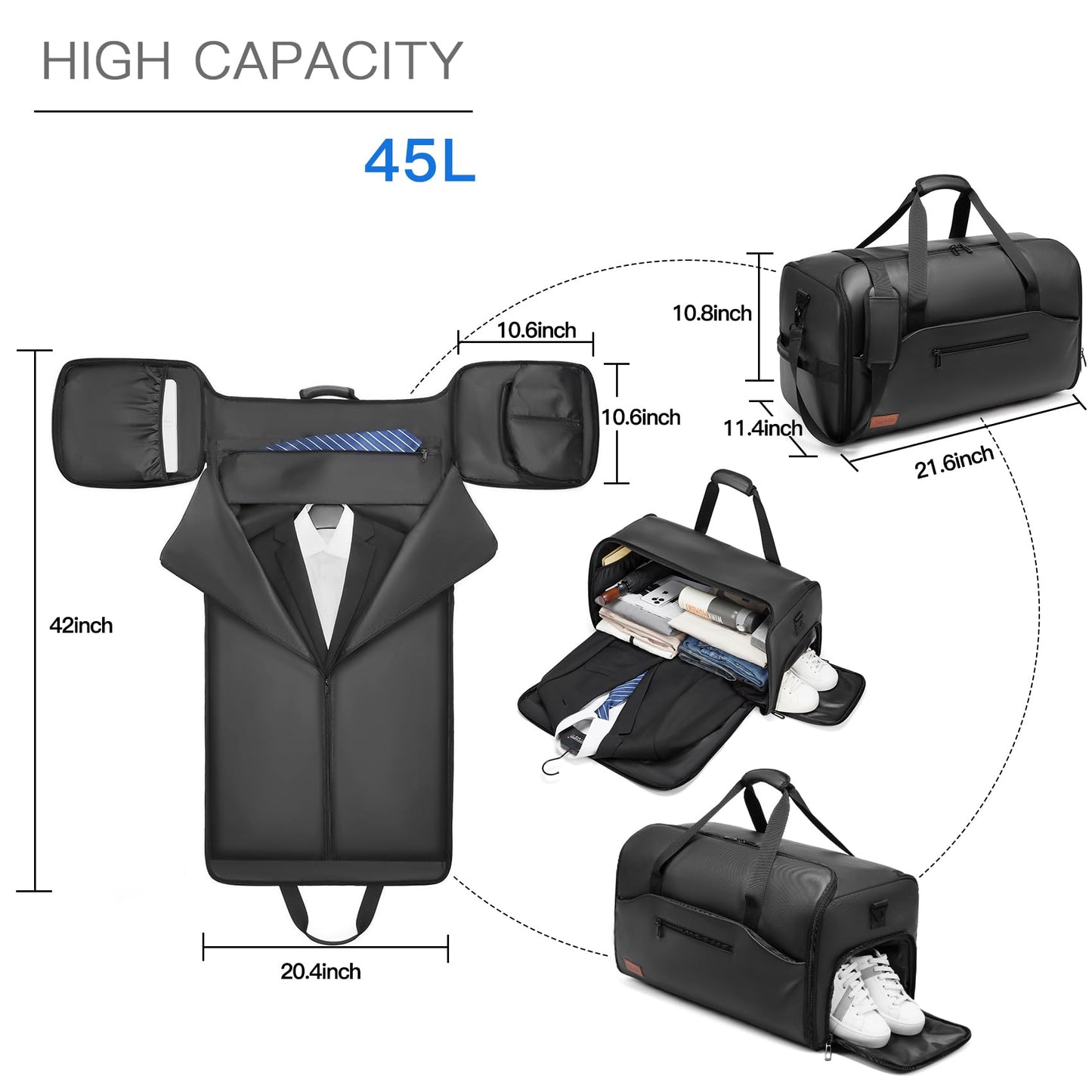 Moulyan 55L Suit Bag, Waterproof Garment Bag Travel Bag with Shoe Compartment Wet Compartment, 3 in 1 Suit Bag Travel Bag Garment Duffle Bag Travel Bag Men Women