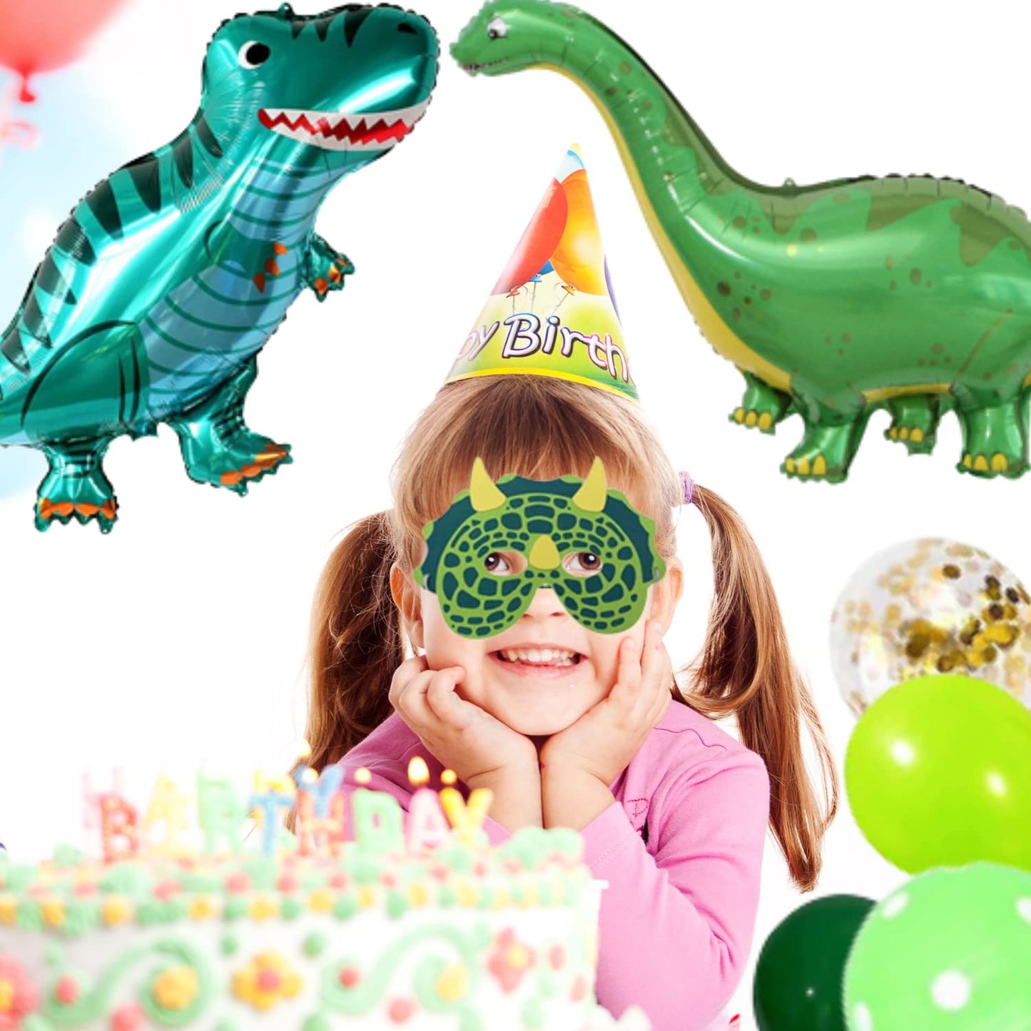 Bea's Party Dino decorations for children's birthday, party plates with Dino design, invitation cards for boys' birthday party with dinosaurs, cake decoration with Dino napkins, Dino piñata.