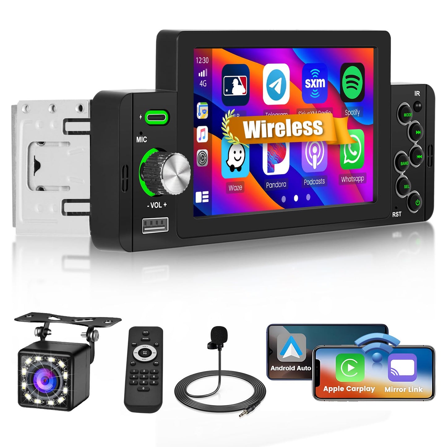 Hikity 1-Din car stereo, CarPlay Android Auto Wireless, 5" touchscreen radio, Bluetooth with reverse camera, FM radio, EQ, SWC, USB Type-C, Mirror Link.