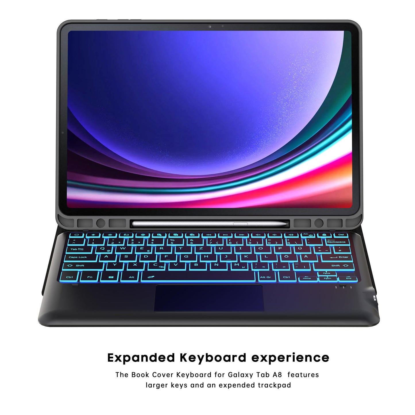 Keyboard case for Samsung Galaxy Tab S9 FE Plus / S9 Plus 12.4 Inch - 7 Color Backlit Touchpad Folio Tablet Cover - Backlit German QWERTZ Layout Keyboard for Tab S9 FE+ / S9+ Black