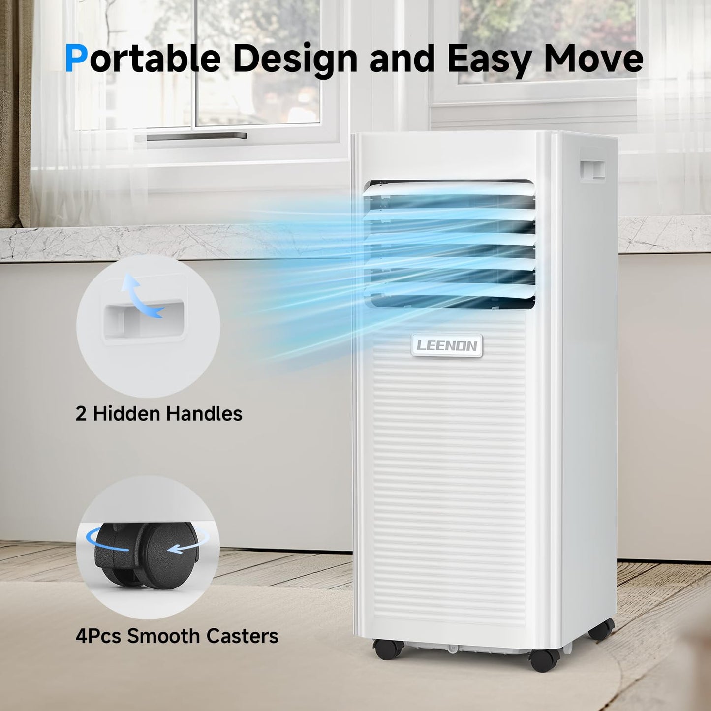 Air conditioner Mobile 9000 BTU, LEENON Mobile air conditioner 4 in 1 Cooling Dehumidifying Fan & Sleep Mode, 2.6KW Portable air conditioner with exhaust hose, Remote control/24h timer for home office up to 35 m².