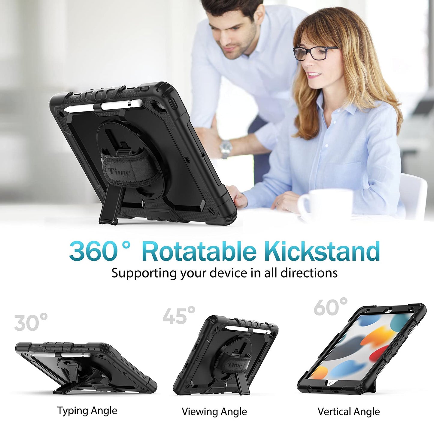 tmecity case for iPad 9/8/7th Gen, iPad 10.2 Inch Shockproof Rugged with Screen Protection 360° Rotatable Stand Hand Strap Shoulder Strap Pencil Holder for iPad 9th Gen-Black
