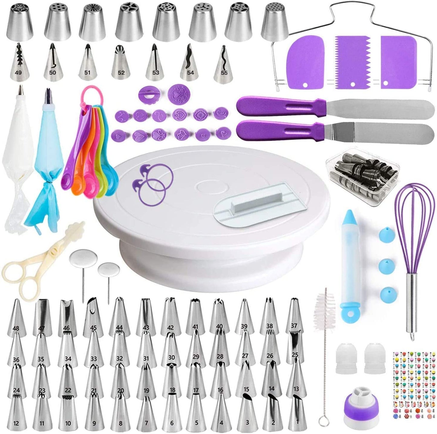 YIGeyi 137-piece baking set includes rotating cake stand, DIY tools, cake decorating sets, bags, tips, spatulas, and more. (137 pcs, Purple)