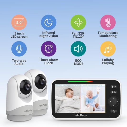 HelloBaby Video Baby Monitor, 5-inch split screen with dual cameras, remote control cameras with night vision and temperature monitoring, ECO mode, two-way talk.