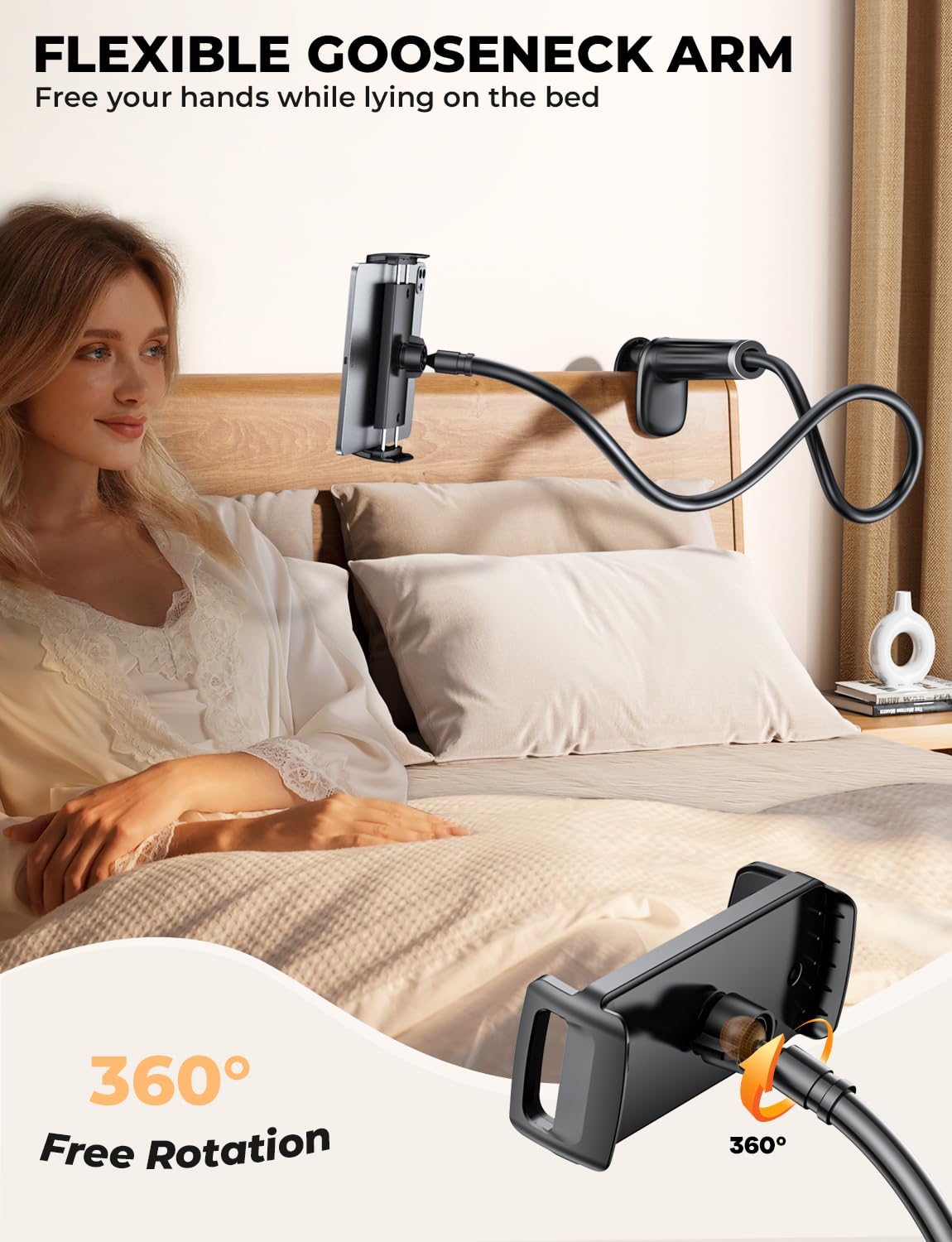 Tryone Gooseneck Tablet Holder for Bed: Tablet Stand with 360° Rotating Base and 2 Clips Phone Mount for Desk, Compatible with iPad Pro 12.9 Air Mini, Phone, or Other Devices from 4.7-12.9 Inches.