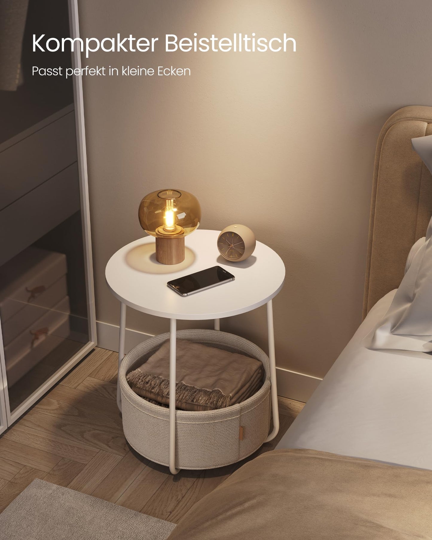 VASAGLE Round Side Table, Small Table, Small Coffee Table, Living Room Table, Fabric Basket, Storage for Living Room Bedroom, Modern Nightstand, Matt White-Camel Brown LET223W10
