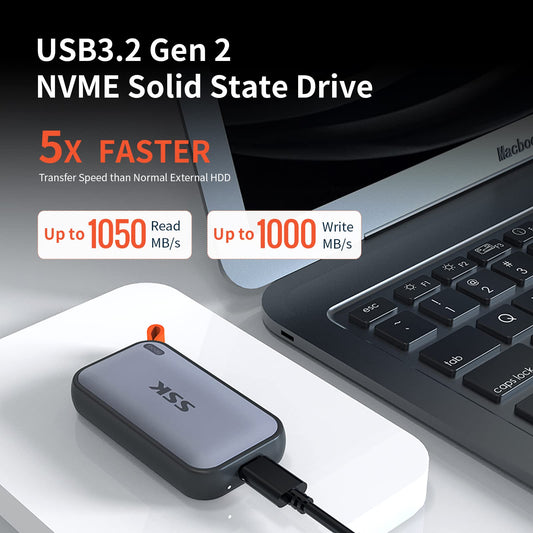 SSK 1TB portable external NVME SSD, up to 1050 MB/s, extreme transfer speed, USB 3.2 Gen 2 solid state drive for Type-C smartphones, PS5, Xbox, laptop, MacBook/Pro/Air, and more.