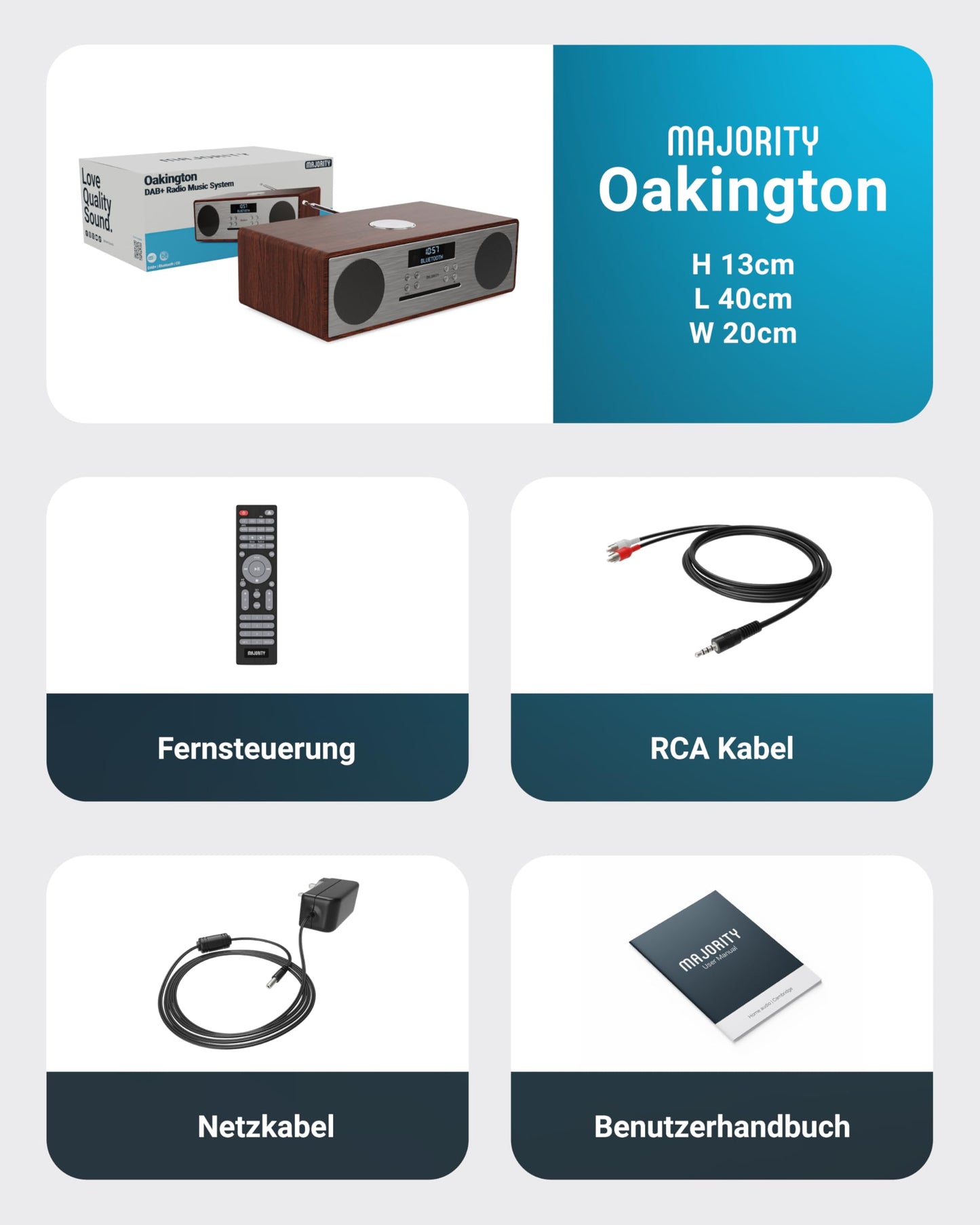 Majority Oakington DAB & FM CD player and digital radio compact system with Bluetooth speaker. HiFi system with dual USB input/charging, AUX/USB, DAB radio, and CD stereo system.