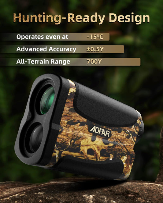 AOFAR HX-700N Laser Rangefinder for hunting & golf, 700 yards range, 6X magnification, distance & speed modes, IPX4 waterproof, includes battery & carrying case.
