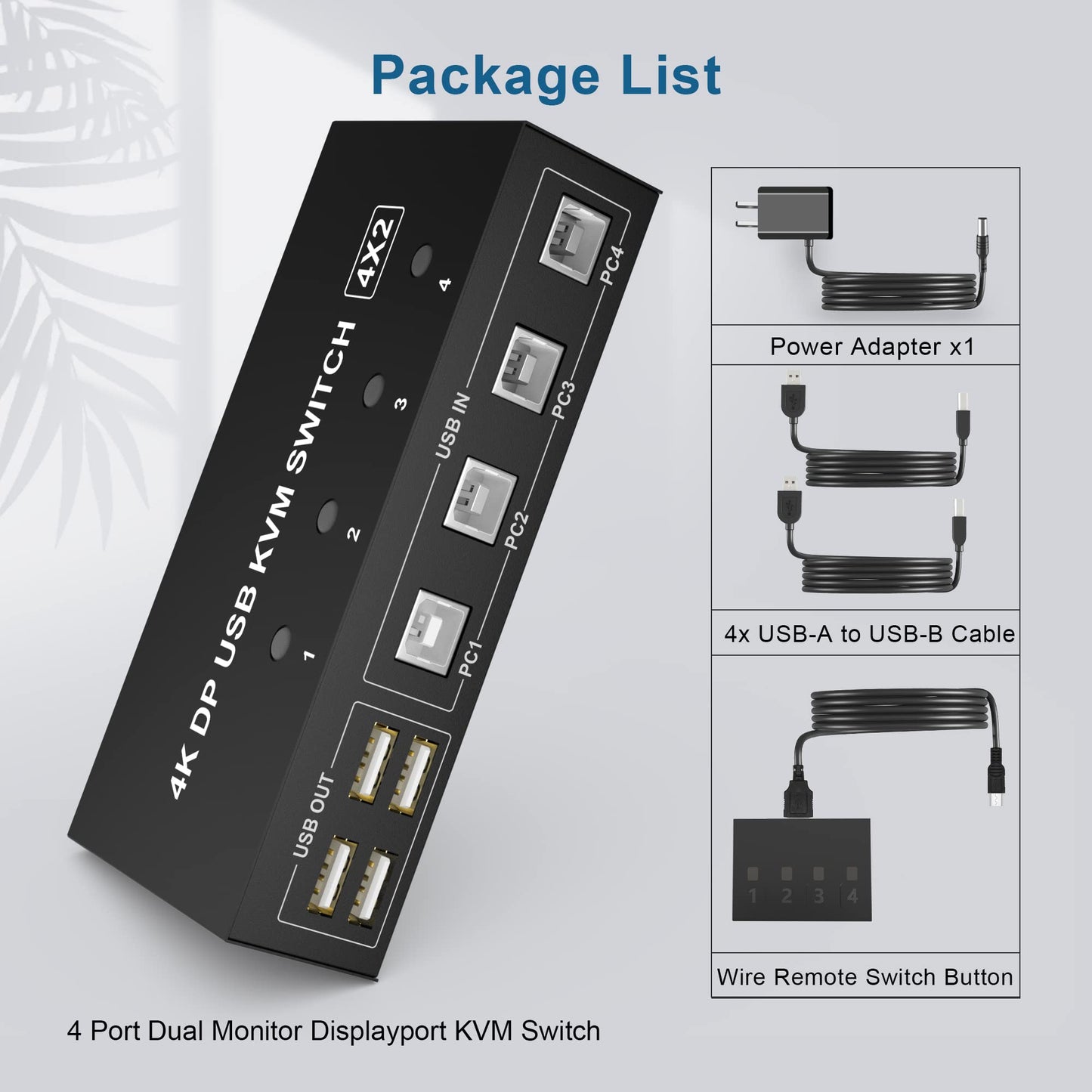 Yeemie Pro 4 Port 4K@60Hz Dual Monitor DisplayPort KVM Switch allows 4 PCs to share 1 set of keyboard, mouse, and 2 monitors with toggle switch, remote control, black.