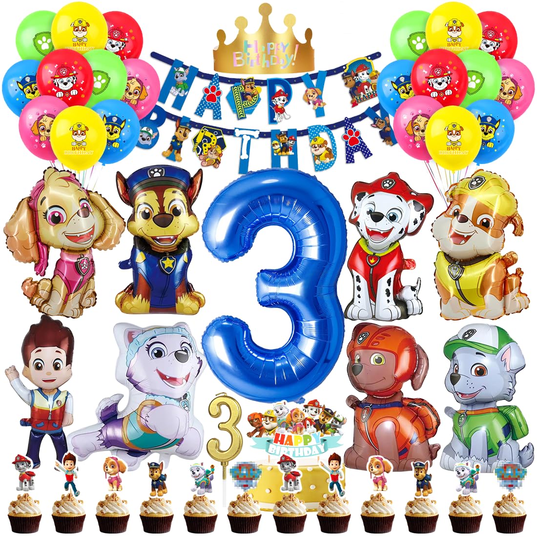 Patrol Birthday Decorations 3 Years, Paw Balloon Kids Birthday Boys Girls, Cartoon Dog Balloons Set, Dog Patrol Blue Balloon 3rd Birthday, Cake Topper for 3 Years Kids Birthday Party Decorations