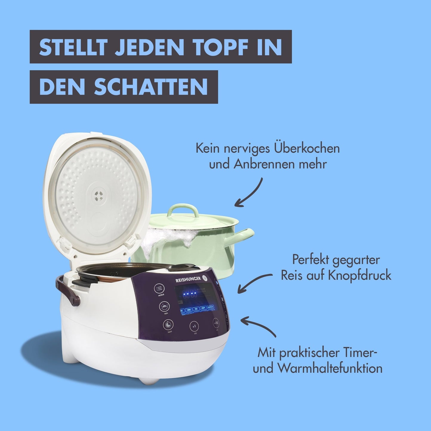 REISHUNGER Digital Rice Cooker & Steamer White | 1.5 L up to 8 people | Keep Warm function, Timer & Premium Inner Pot | Multicooker, 12 programs, 7-phase technology
