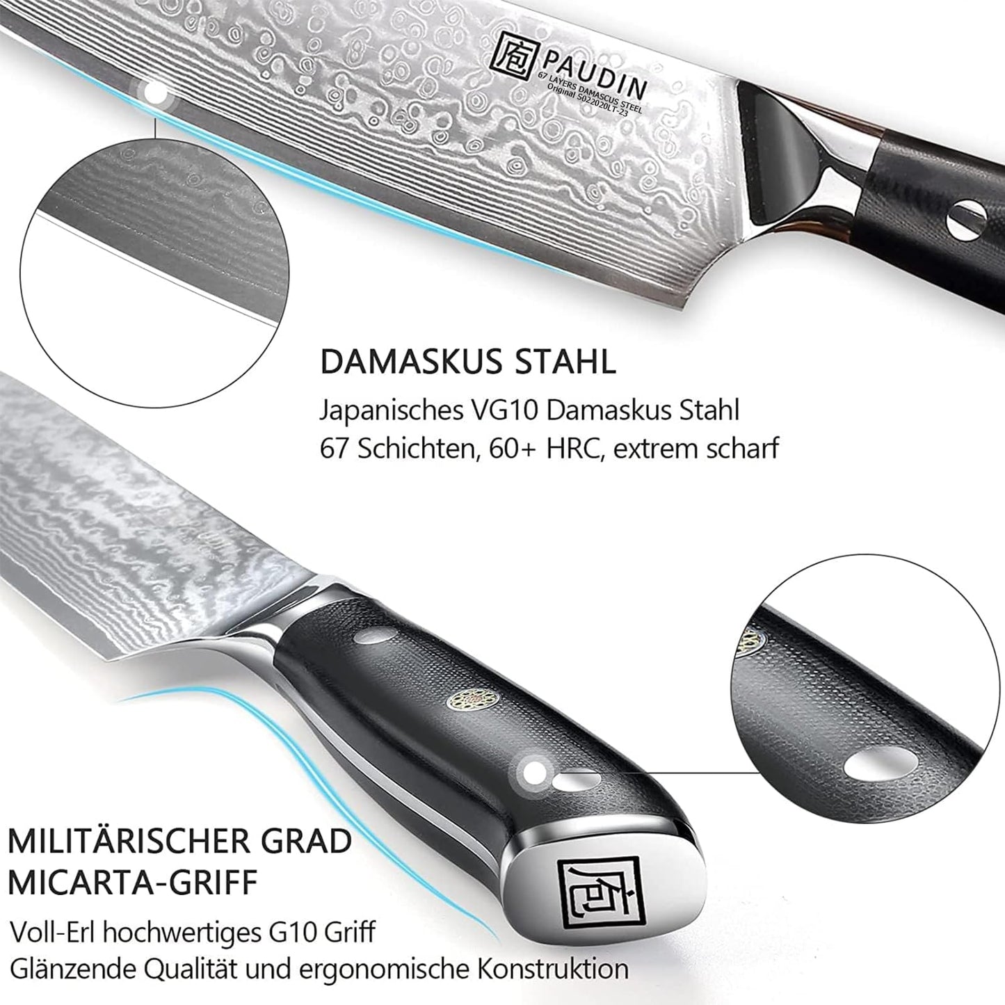 PAUDIN 8 inch Damascus Chef Knife, Kitchen Knife with Ergonomic G10 Handle, Sharp Japanese VG10 Steel Blade.
