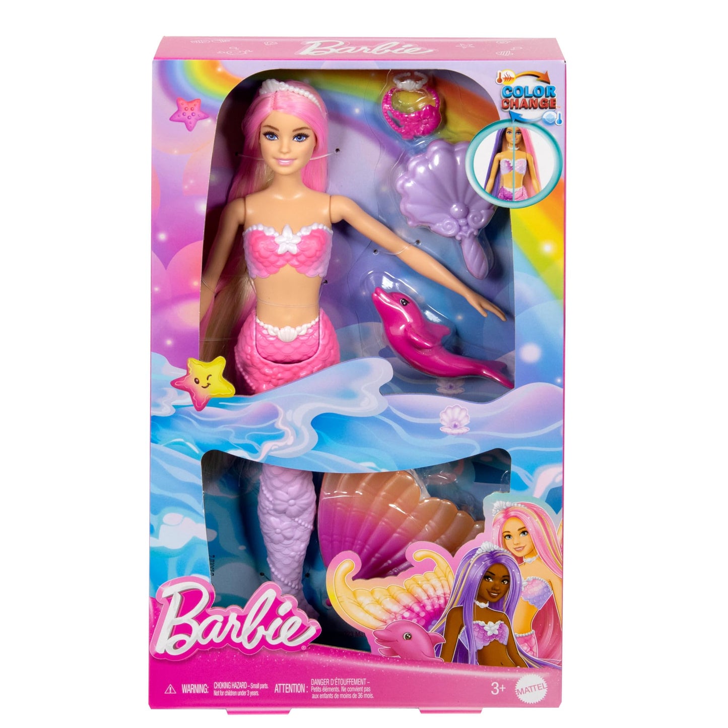 Barbie Mermaid Doll - Inspired by the TV series "Barbie: A Hidden Magic", with color-changing effect and accessories, 19 cm long pink hair for styling, for children aged 3 and up, HRP97