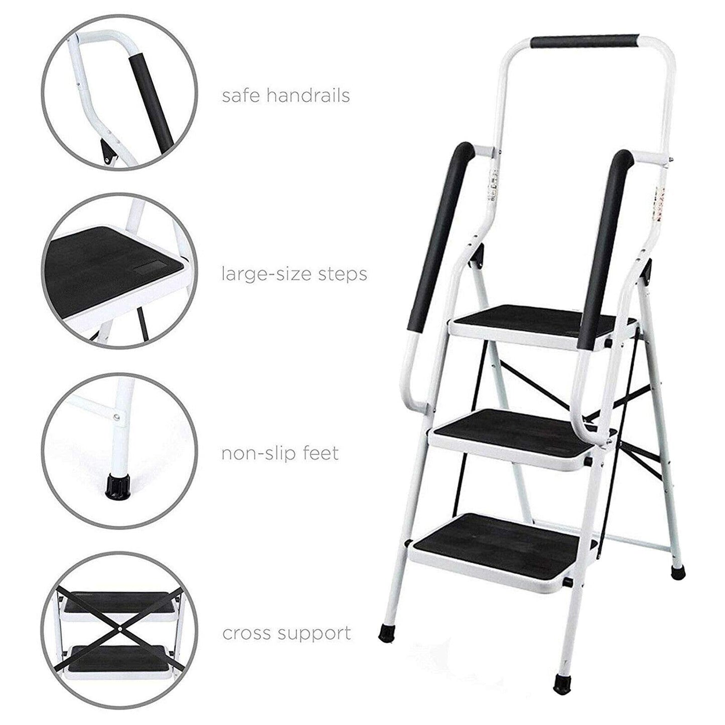 3-step folding step ladder with handrail. Compact, sturdy design features high-quality steel steps with non-slip treads for use at home, in the office, or in the kitchen.