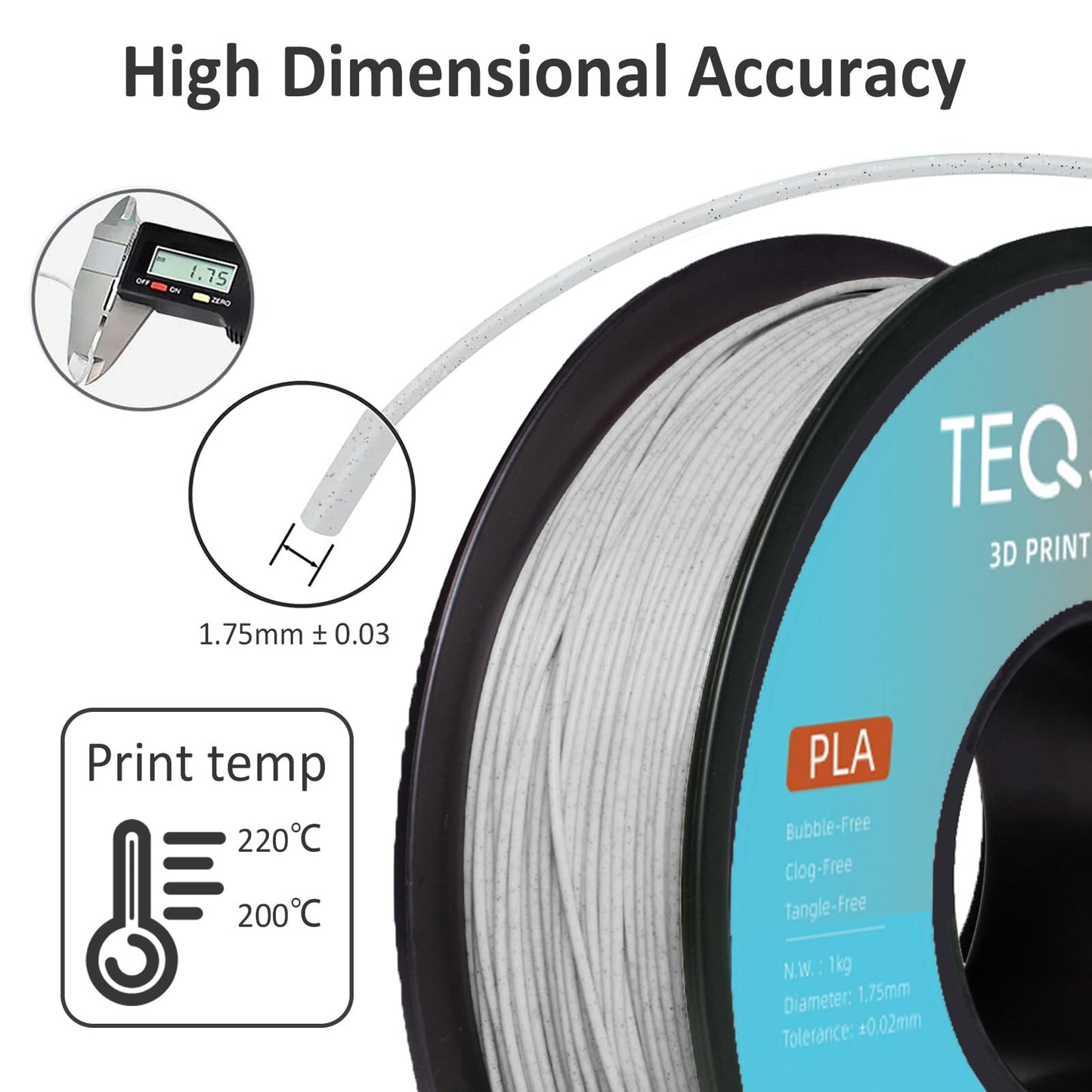 TEQStone PLA Filament 1.75mm Marble Grey, stone-like surface, precision +/- 0.03mm 3D printer filament Marble PLA 1kg spool vacuum packed
