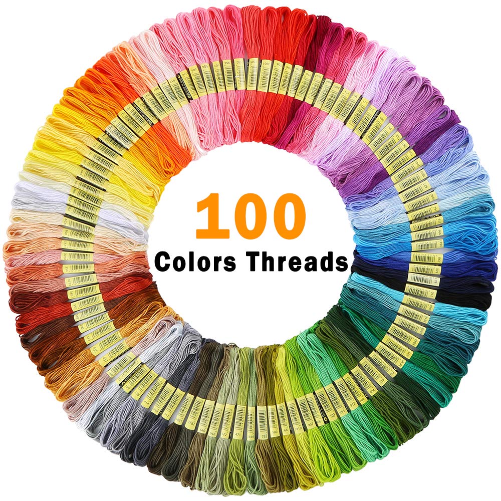 Embroidery kit with instructions, 5 bamboo hoops, 100 embroidery threads, 3 Aida cloths, and cross-stitch tool set for sewing. Suitable for adults.