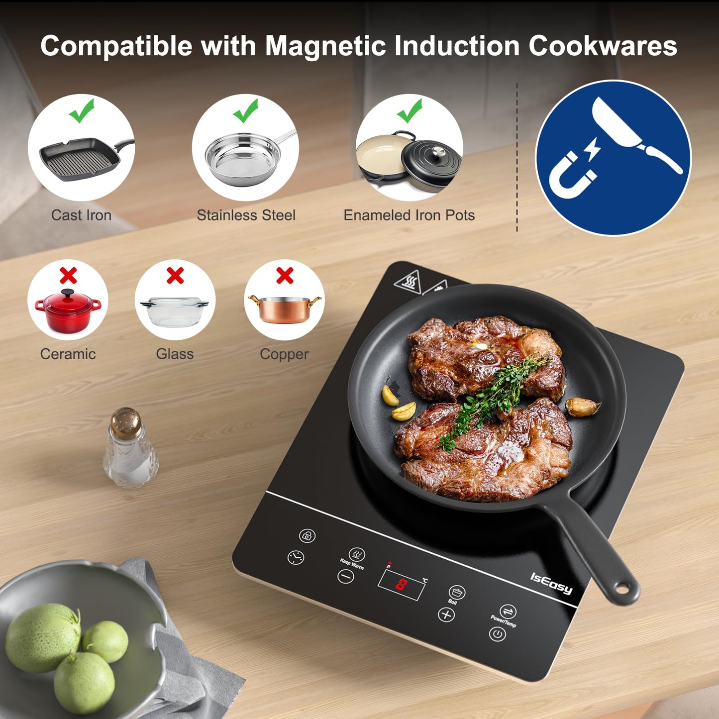 IsEasy Induction Cooktop 1 Plate, Single Induction Hot Plate 2100W, 9 Power Levels, 9 Temperature Settings, 28cm Induction Cooktop with 8-Hour Timer, Child Lock, Black, 220-240V.