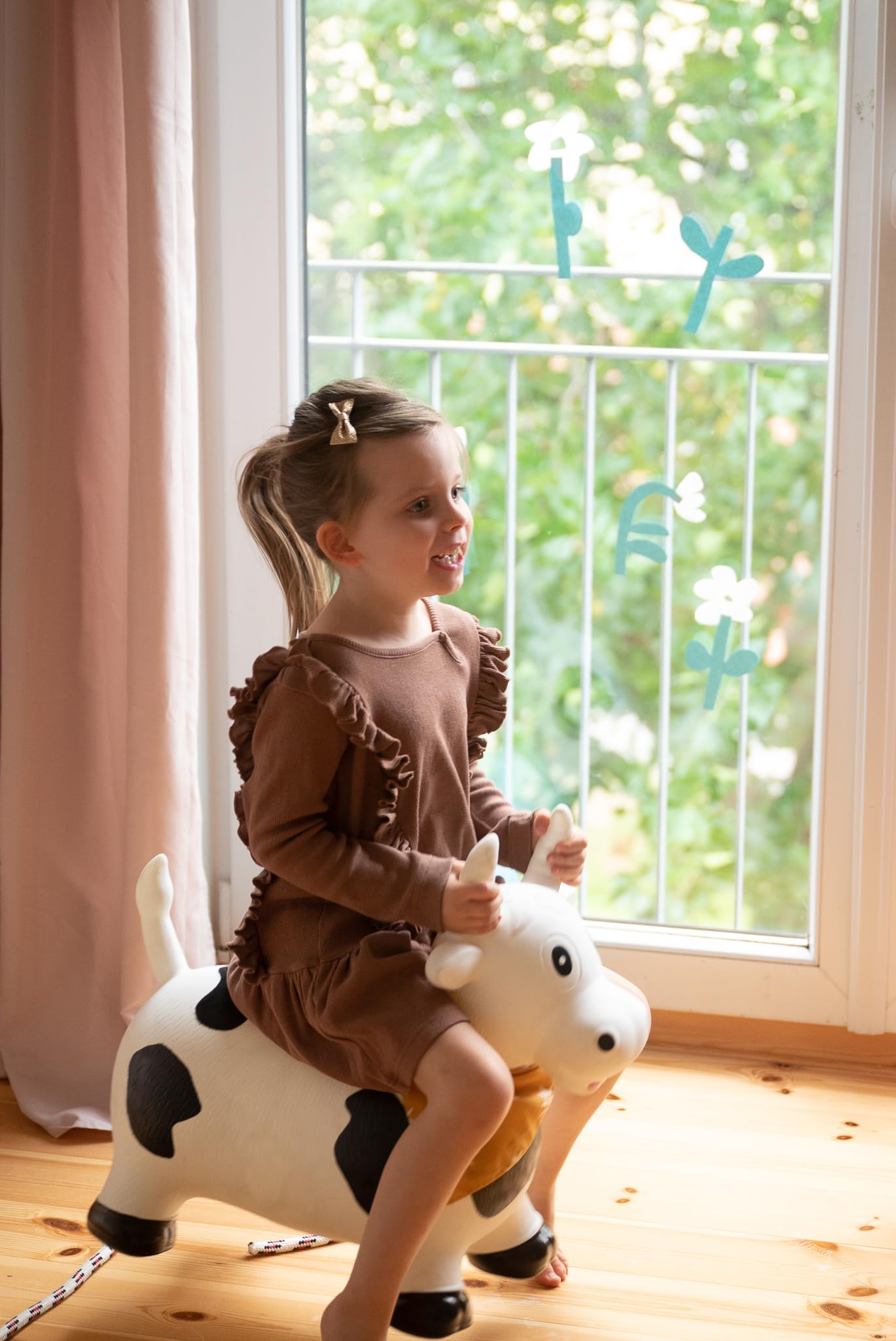 Childhood Hopping Animal for Kids, subtle and modern colors, lovely details and high quality, includes air pump, Cow.