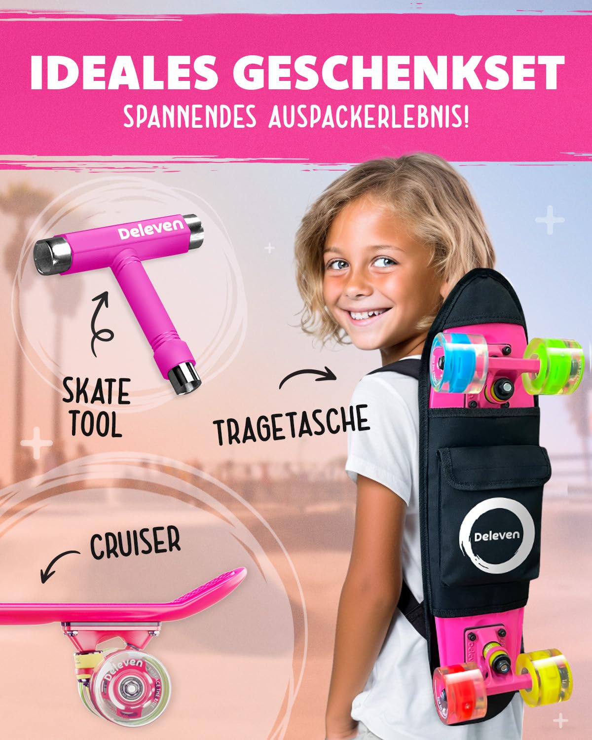 Deleven skateboard with carrying bag, LED wheels, skate tool, and ABEC 7 bearings - for kids, adults, beginners - 56 cm