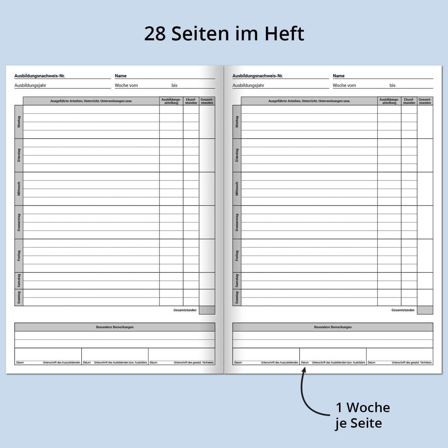 Internship/Training Report Book - DIN A4, 28 pages, daily/weekly entries, one week per page, from Monday to Sunday...