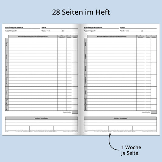 Internship/Training Report Book - DIN A4, 28 pages, daily/weekly entries, one week per page, from Monday to Sunday...