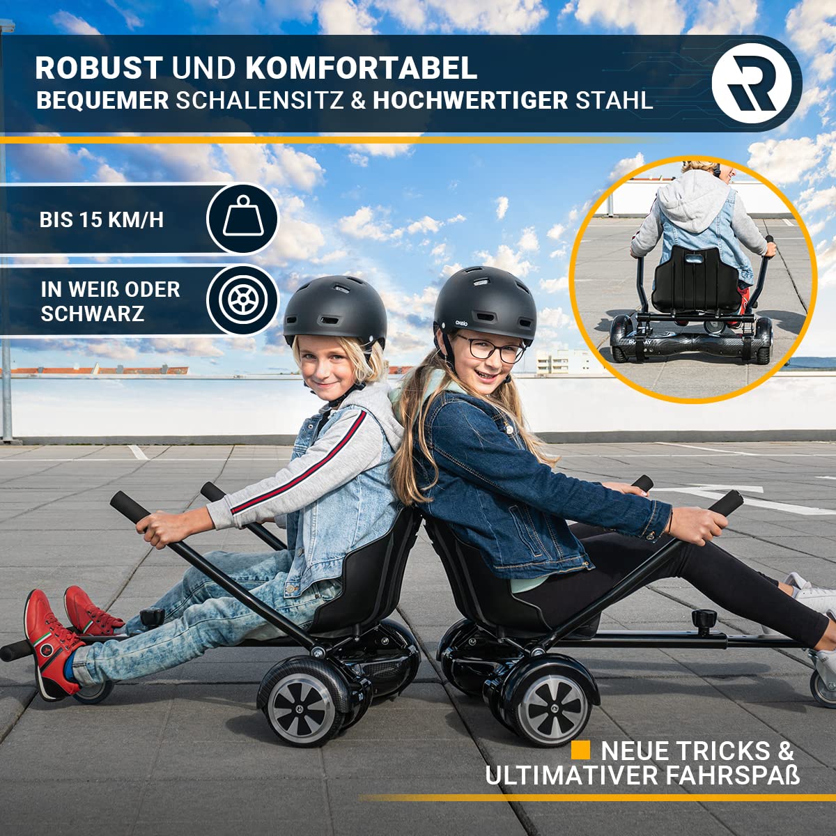Robway Hoverkart | ๐๐๐ ๐๐๐๐๐๐๐๐ ยฎ - W1 W2 W3 & universal for 6.5" / 8" / 10" Boards - Hoverboard Seat - Hoverseat - Hovercart Seat - Rubber tires - Kids & Adults (Black)